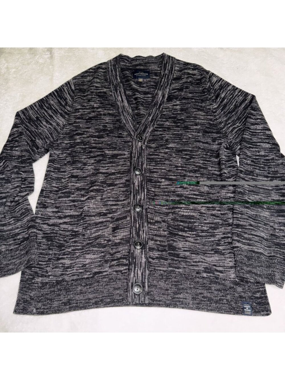 Lucky Brand Men’s L Gray Black Marled Cotton Button Front Cardigan Sweater